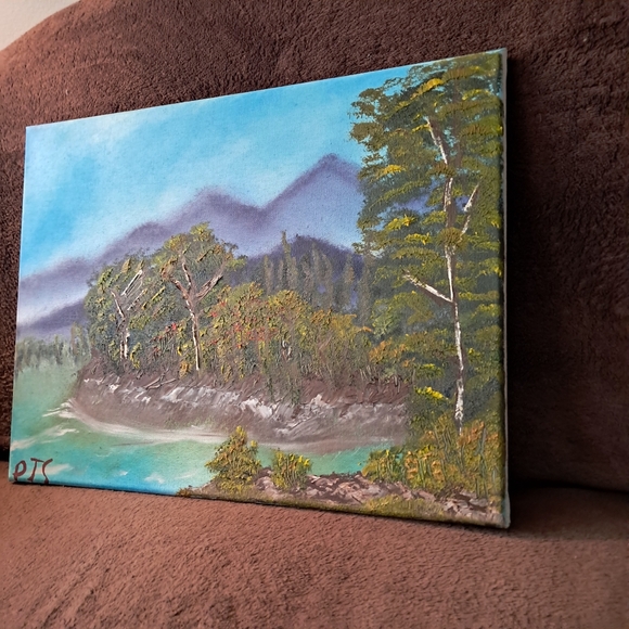 Bob Ross Inspired Oil Paint Hand Painted Canvas Misty Mountains - Picture 2 of 5